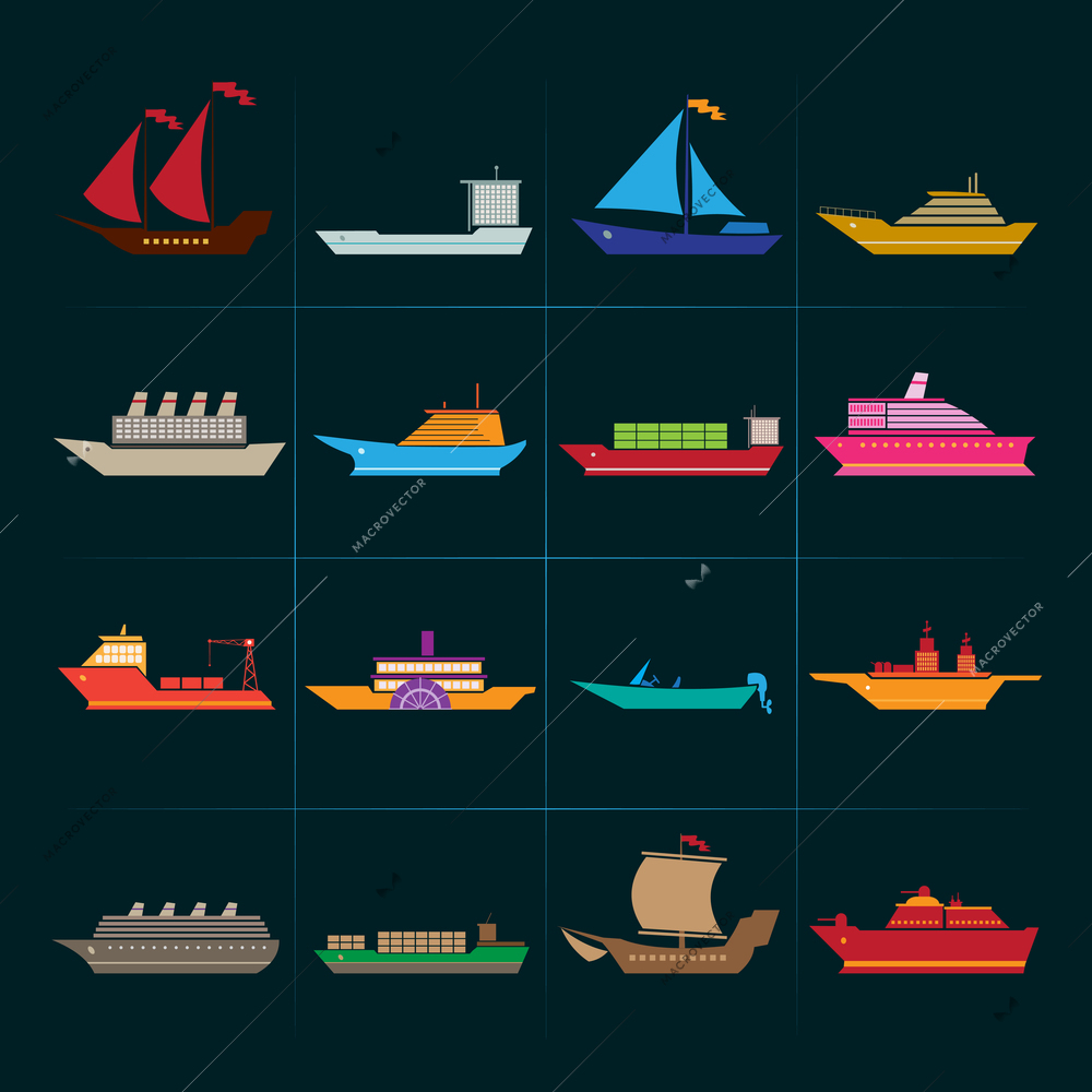 Ship sailing yachts and cruise boats icons set isolated vector illustration