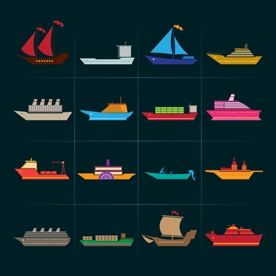 Ship sailing yachts and cruise boats icons set isolated vector illustration