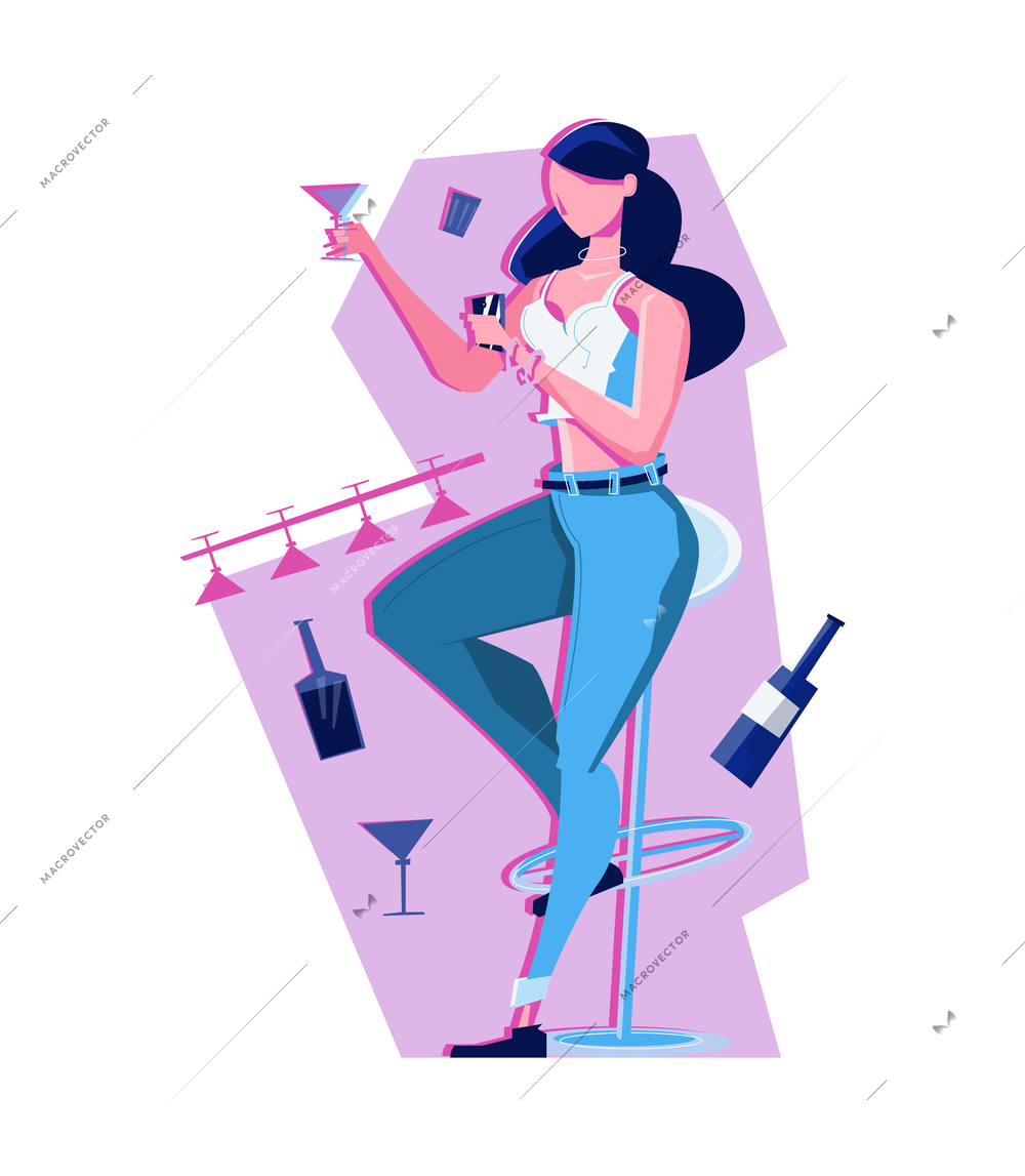 Young woman drinking cocktail in bar flat vector illustration