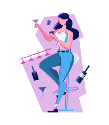 Young woman drinking cocktail in bar flat vector illustration