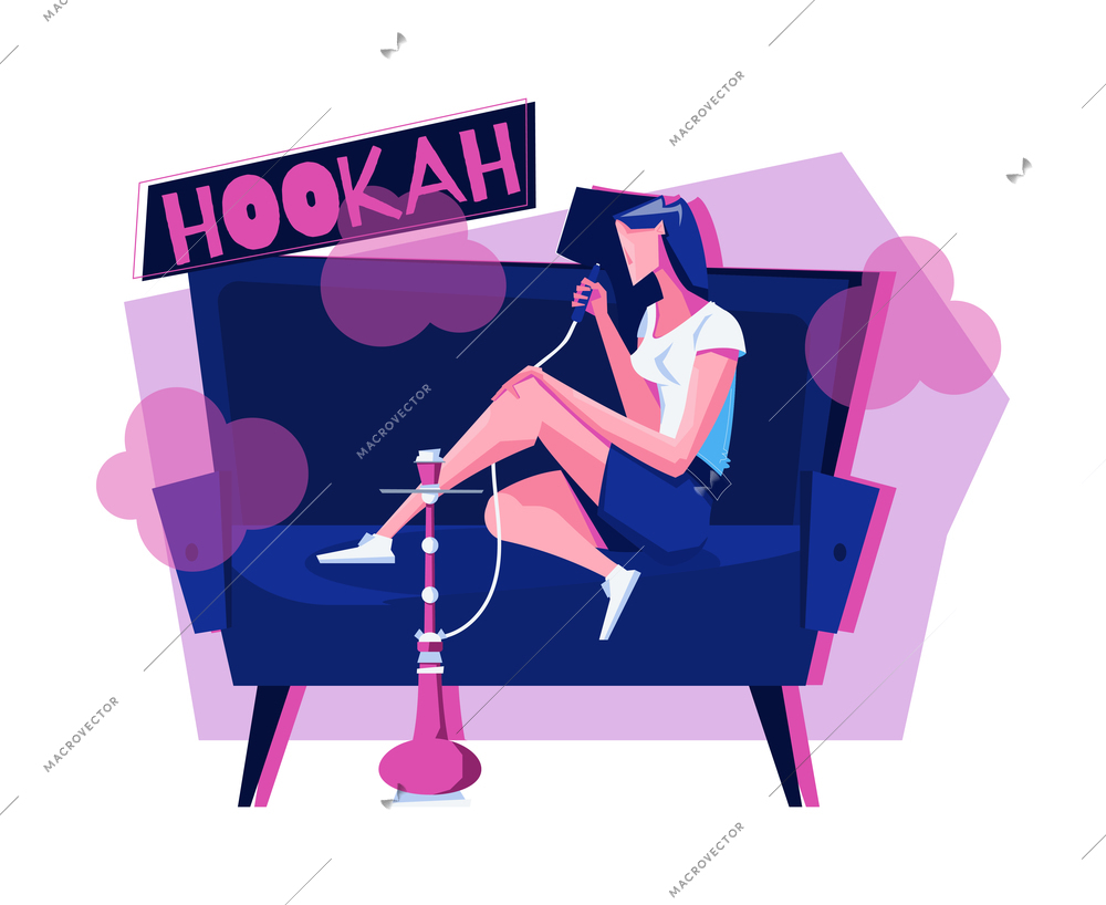 Flat composition with woman relaxing on sofa with hookah vector illustration