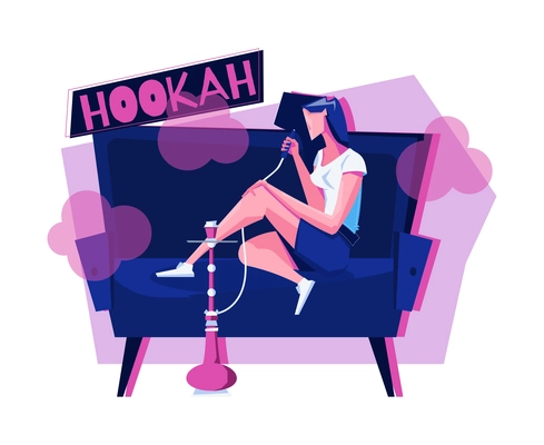 Flat composition with woman relaxing on sofa with hookah vector illustration