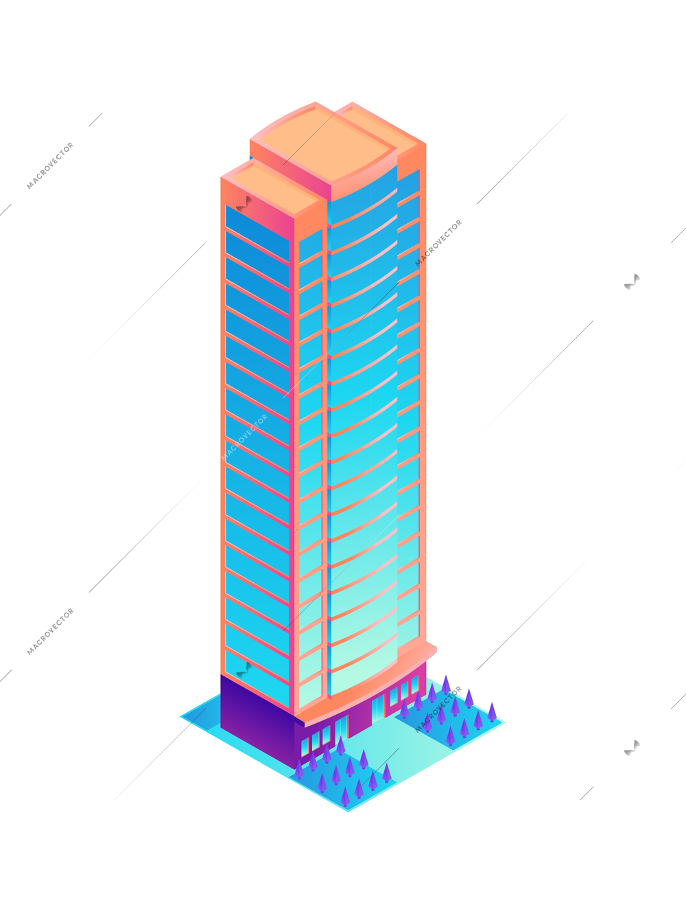 Contemporary glass skyscraper in neon color 3d isometric icon vector illustration