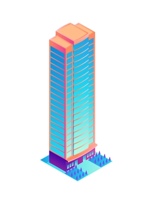 Contemporary glass skyscraper in neon color 3d isometric icon vector illustration