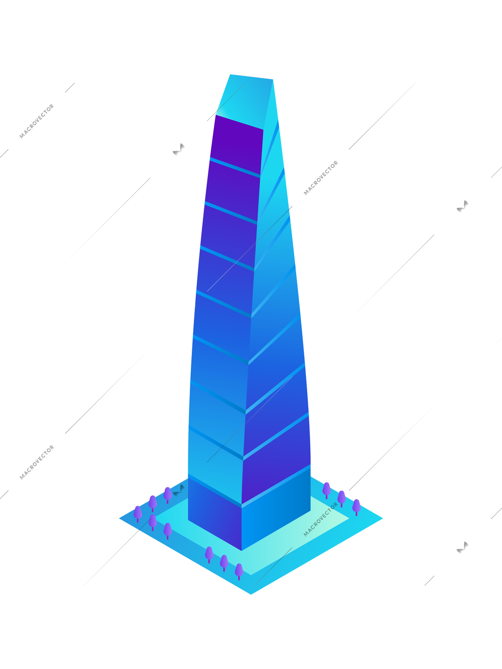 Futuristic neon glowing glass skyscraper isometric vector illustration