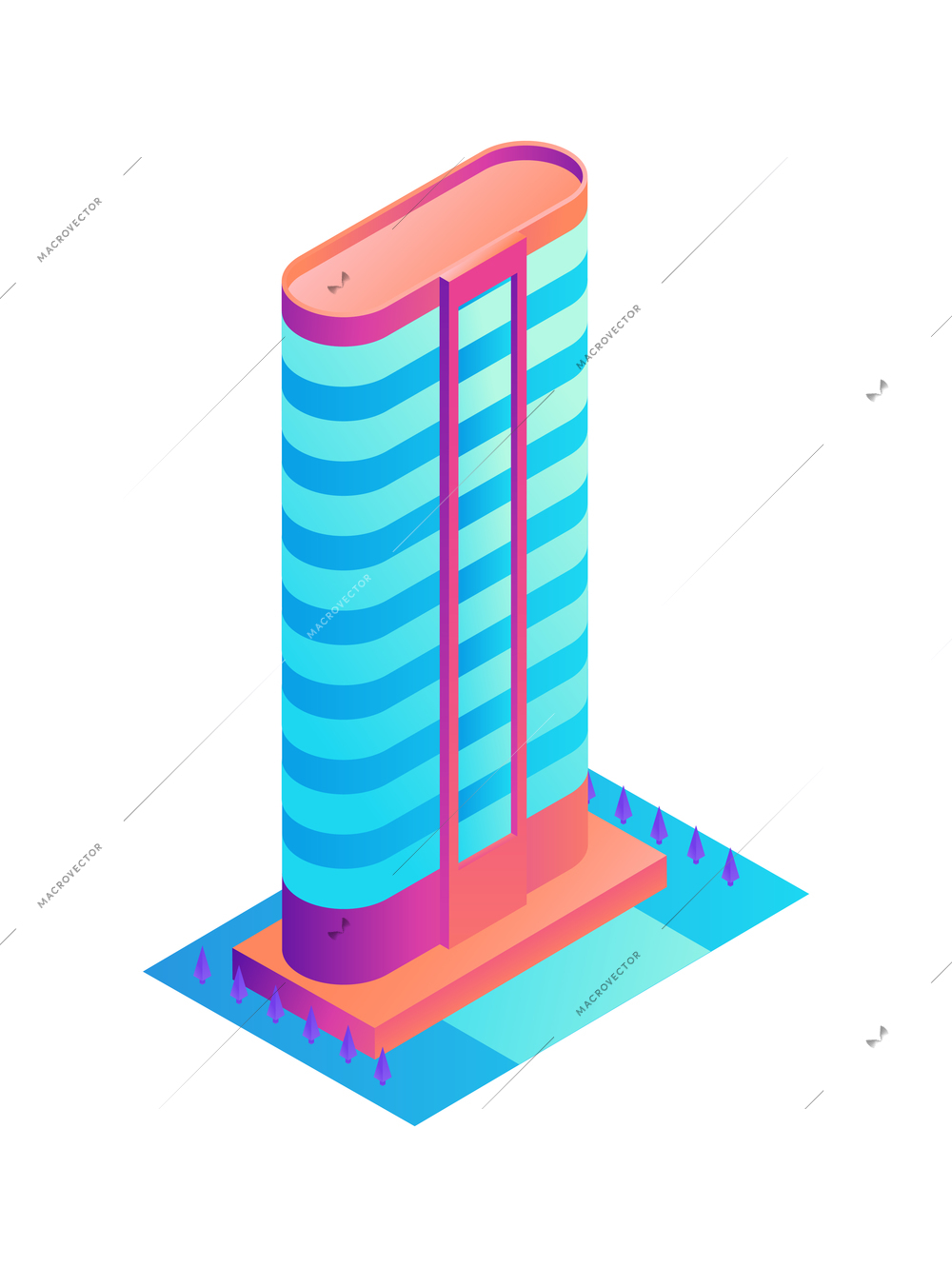 Futuristic high rise neon colored 3d building on white background isometric vector illustration