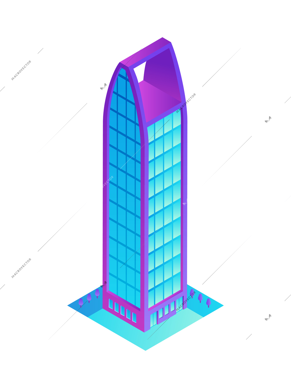 Modern glass city skyscraper of neon color isometric icon 3d vector illustration