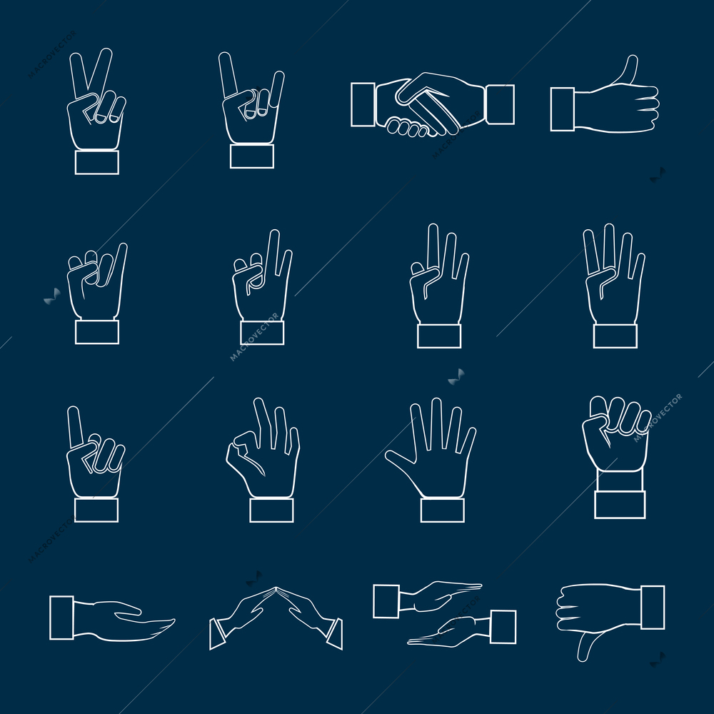 Human hands communication signs signals and gestures icons set outline isolated vector illustration