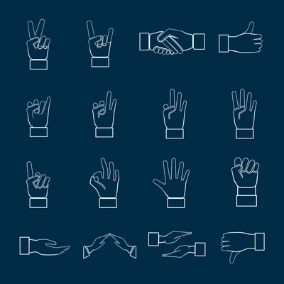 Human hands communication signs signals and gestures icons set outline isolated vector illustration