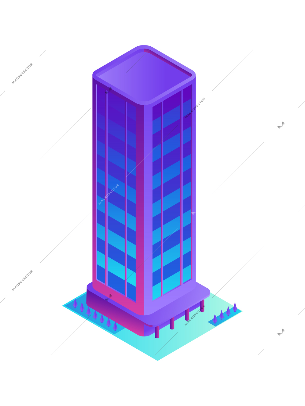 Isometric icon with modern neon skyscraper building on white background 3d vector illustration