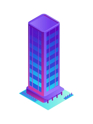 Isometric icon with modern neon skyscraper building on white background 3d vector illustration