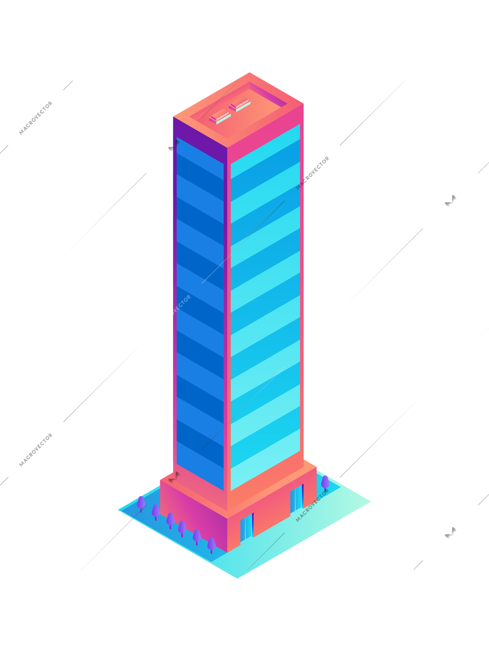 Skyscraper multistorey residential house in neon color 3d isometric vector illustration