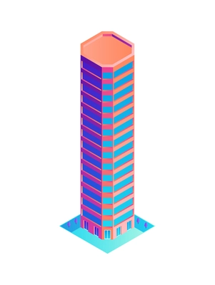 Modern colorful high rise skyscraper isometric icon on white background 3d vector illustration