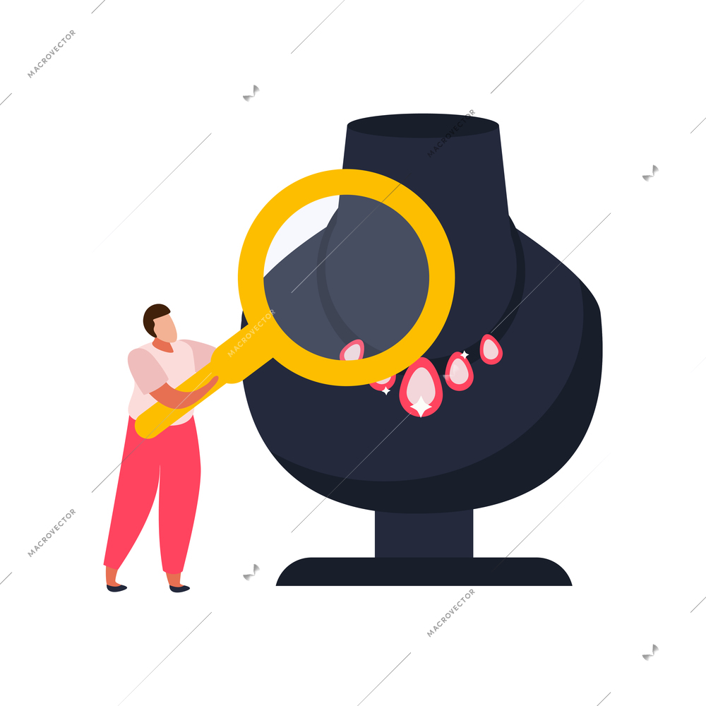 Character looking through magnifier at necklace on jewelry bust flat vector illustration