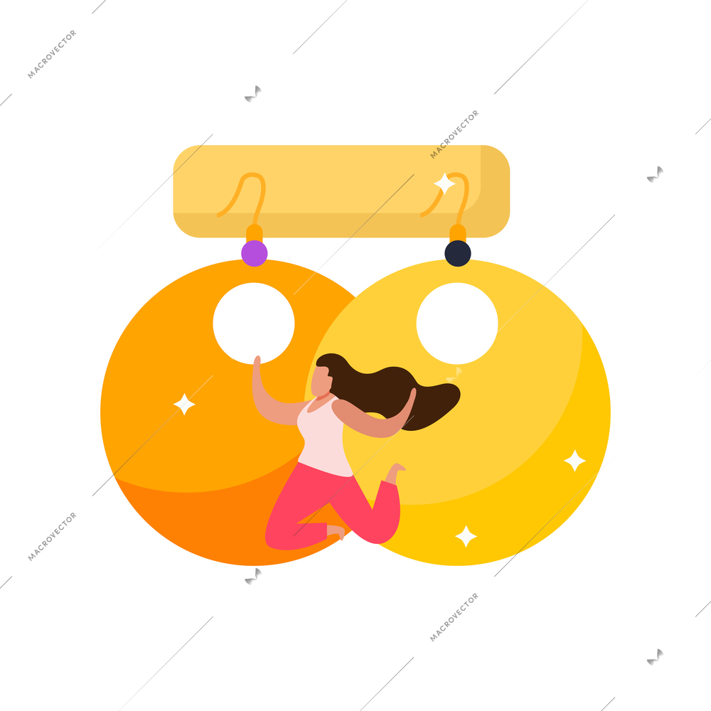 Jewelry flat icon with big shiny earrings and happy female character on white background vector illustration