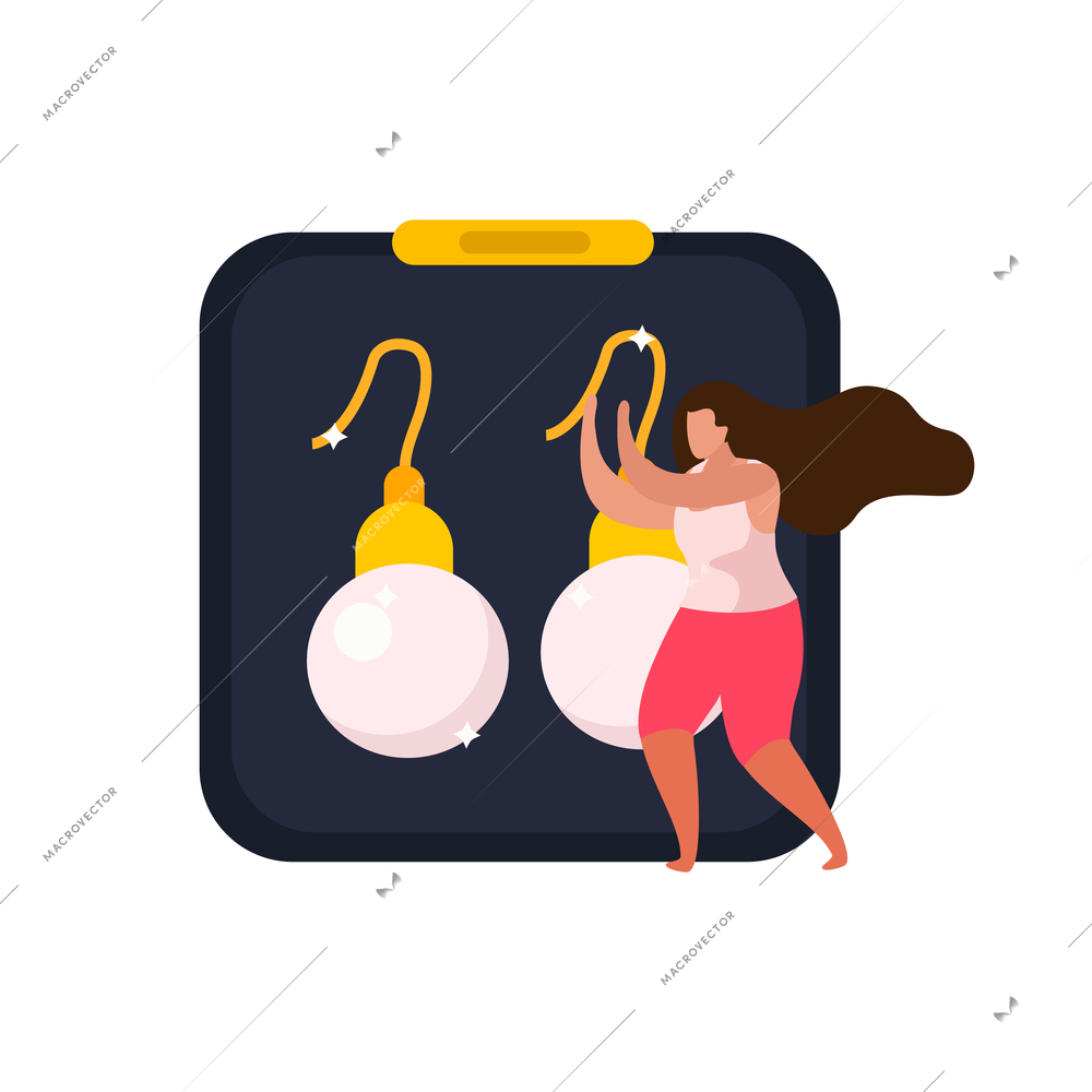 Flat jewelry icon with pair of gold pearl earrings in box and doodle character vector illustration