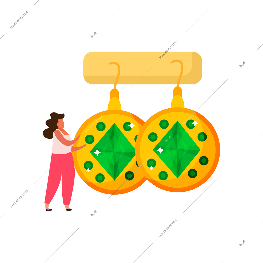 Pair of gold earrings with green gem stones and female character on white background flat vector illustration