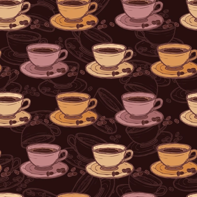 Cafe sketch seamless pattern with coffee cup and beans vector illustration