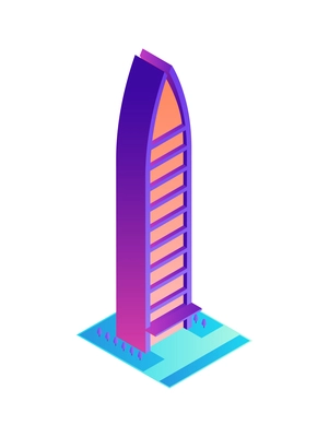 Isometric futuristic neon colored skyscraper 3d vector illustration