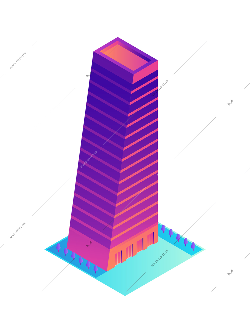 Isometric icon with neon colored high rise modern building vector illustration