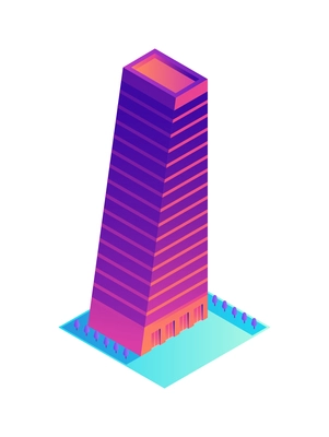 Isometric icon with neon colored high rise modern building vector illustration