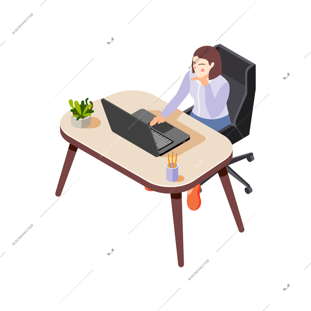 Female officer worker working on laptop isometric icon 3d vector illustration