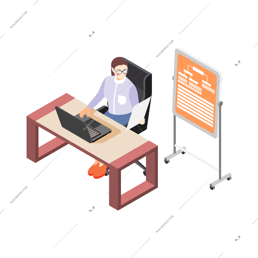 Businesswoman working in office 3d isometric vector illustration