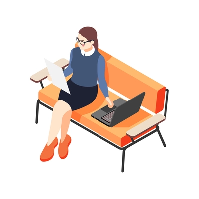 Isometric icon with fashionable businesswoman working on laptop 3d vector illustration