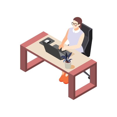 Isometric icon with young businesswoman at her work place in office 3d vector illustration