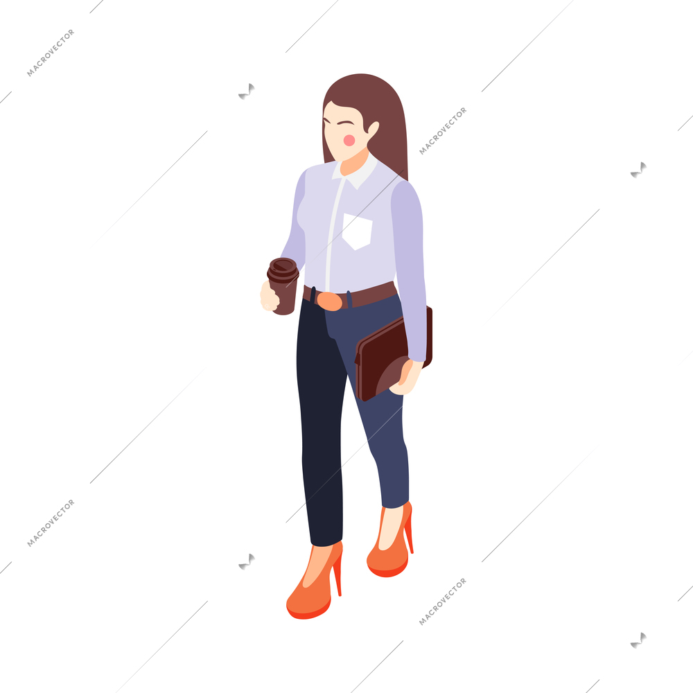 Fashionable businesswoman wearing high heeled shoes holding cup of coffee isometric vector illustration