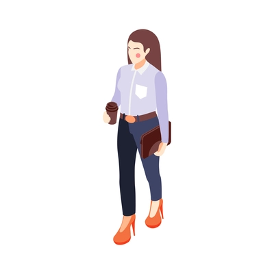 Fashionable businesswoman wearing high heeled shoes holding cup of coffee isometric vector illustration