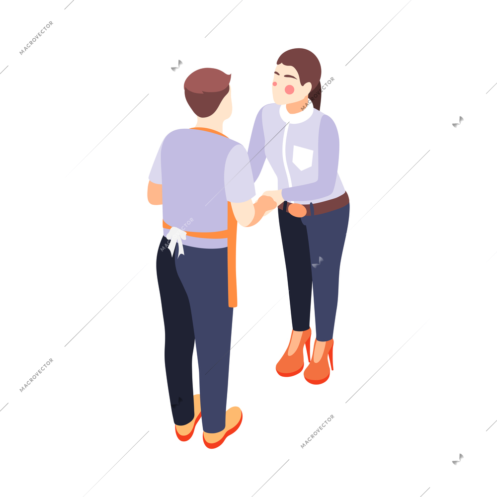 Isometric icon with characters of house husband and working woman 3d vector illustration