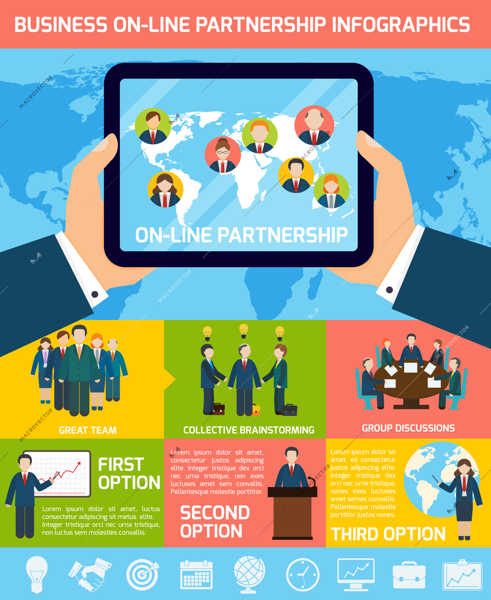 Global business partnership infographics set with tablet and world map vector illustration