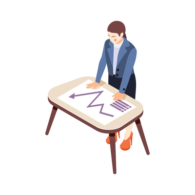 Female office worker looking at drawing with graph isometric icon vector illustration