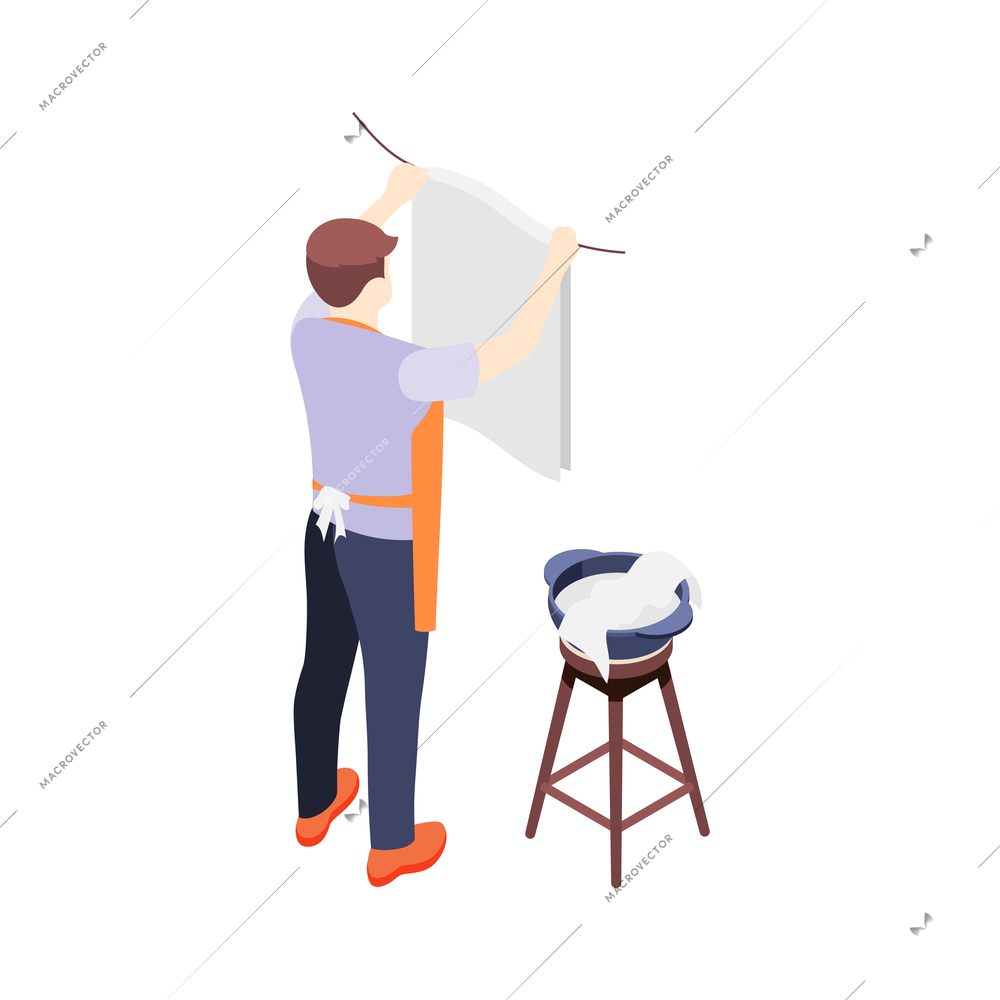 House husband hanging out laundry 3d isometric icon vector illustration