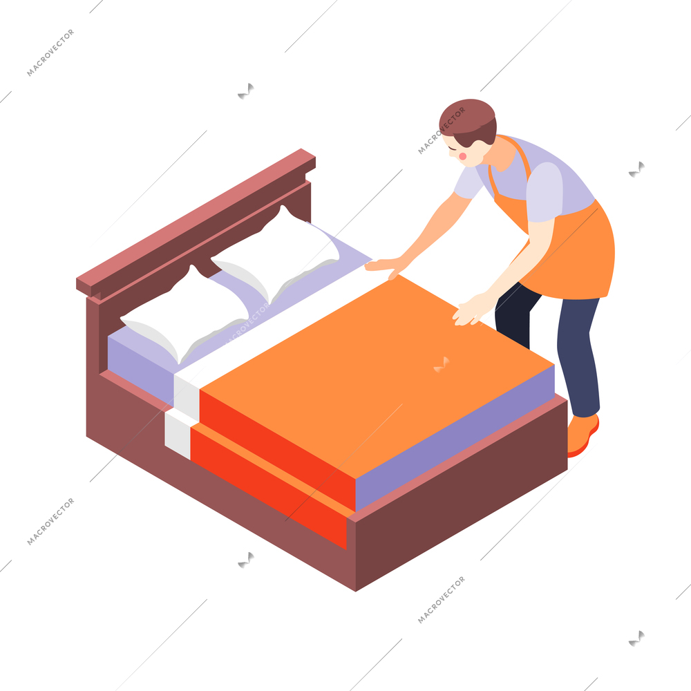 House husband making bed isometric vector illustration