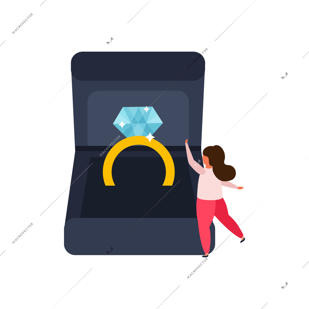Flat icon with diamond ring in jewelry box and woman character vector illustration