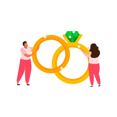 Couple of human characters holding big gold rings flat icon vector illustration