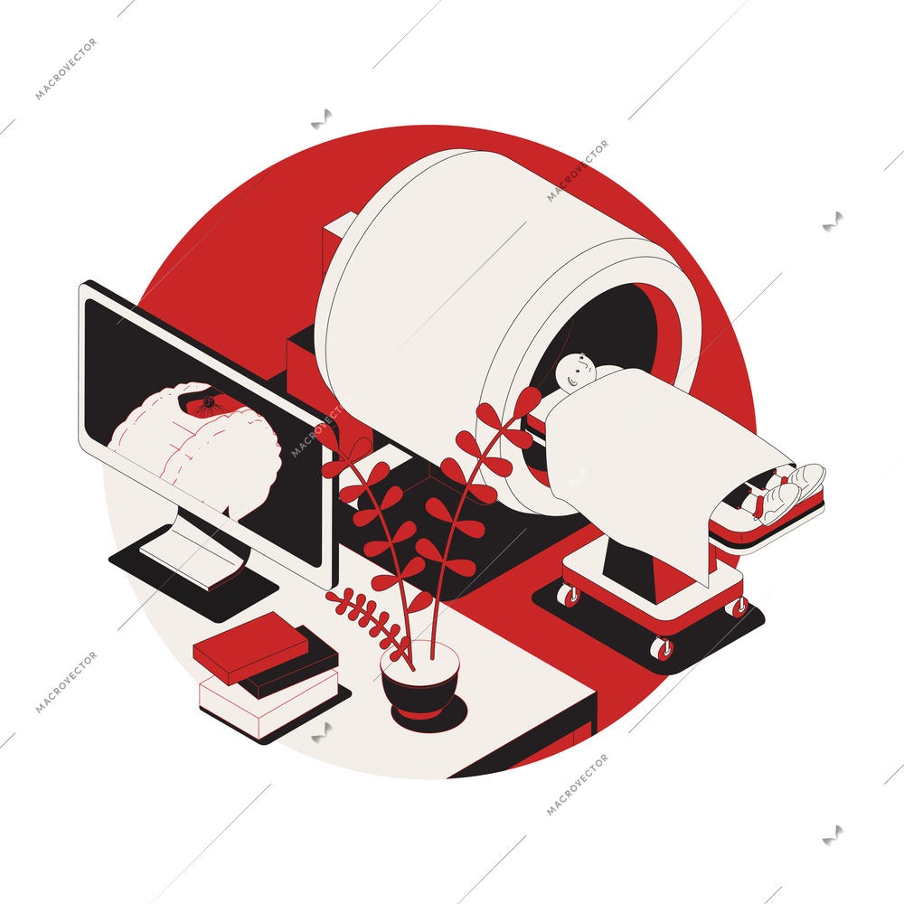 Sad character with cancer on mri procedure isometric composition vector illustration