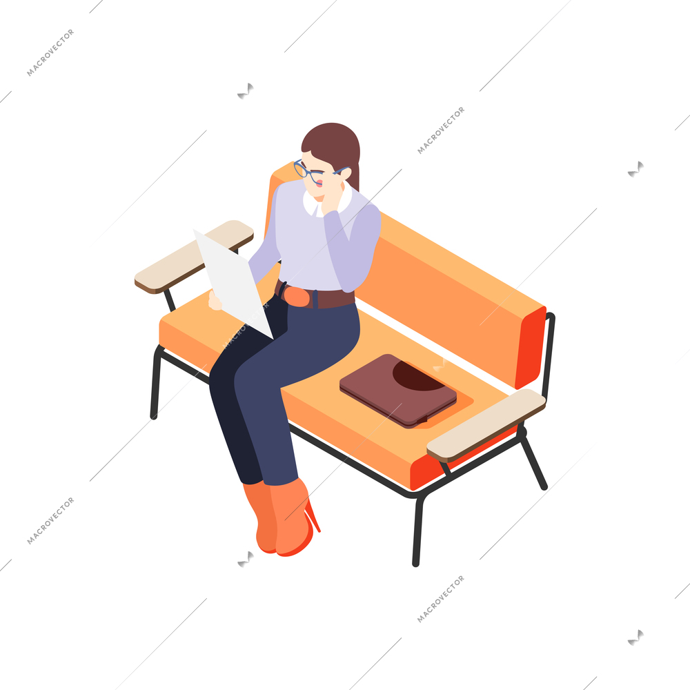 Businesswoman in glasses sitting on sofa and reading document 3d isometric vector illustration