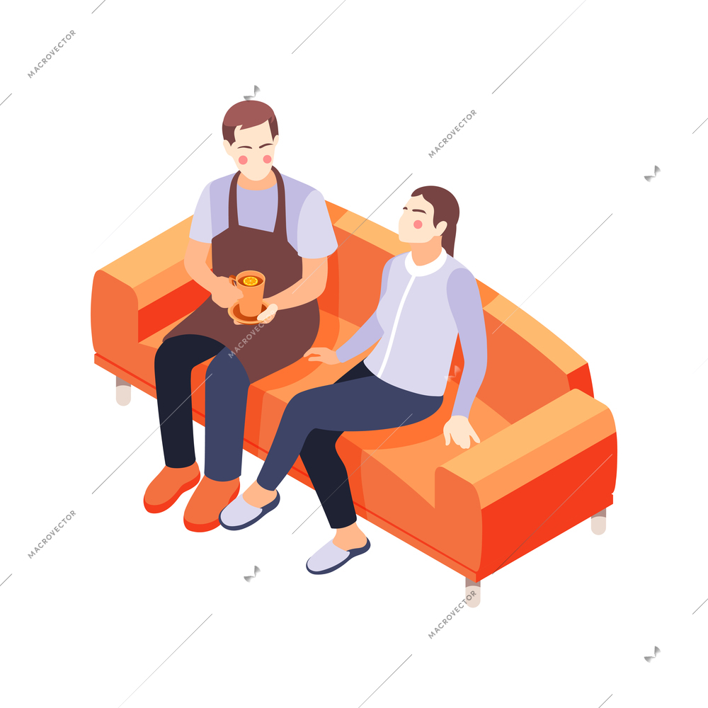 House husband giving cup of tea to wife 3d isometric vector illustration