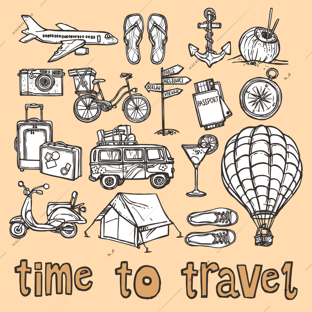 Travel holiday vacation sketch icons set of suitcase camera cocktail isolated vector illustration