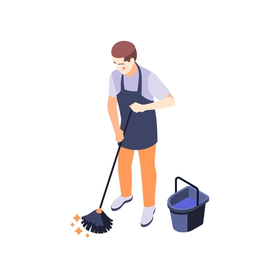 Isometric icon with house husband mopping floor 3d vector illustration