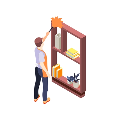 House husband dusting bookcase 3d isometric vector illustration