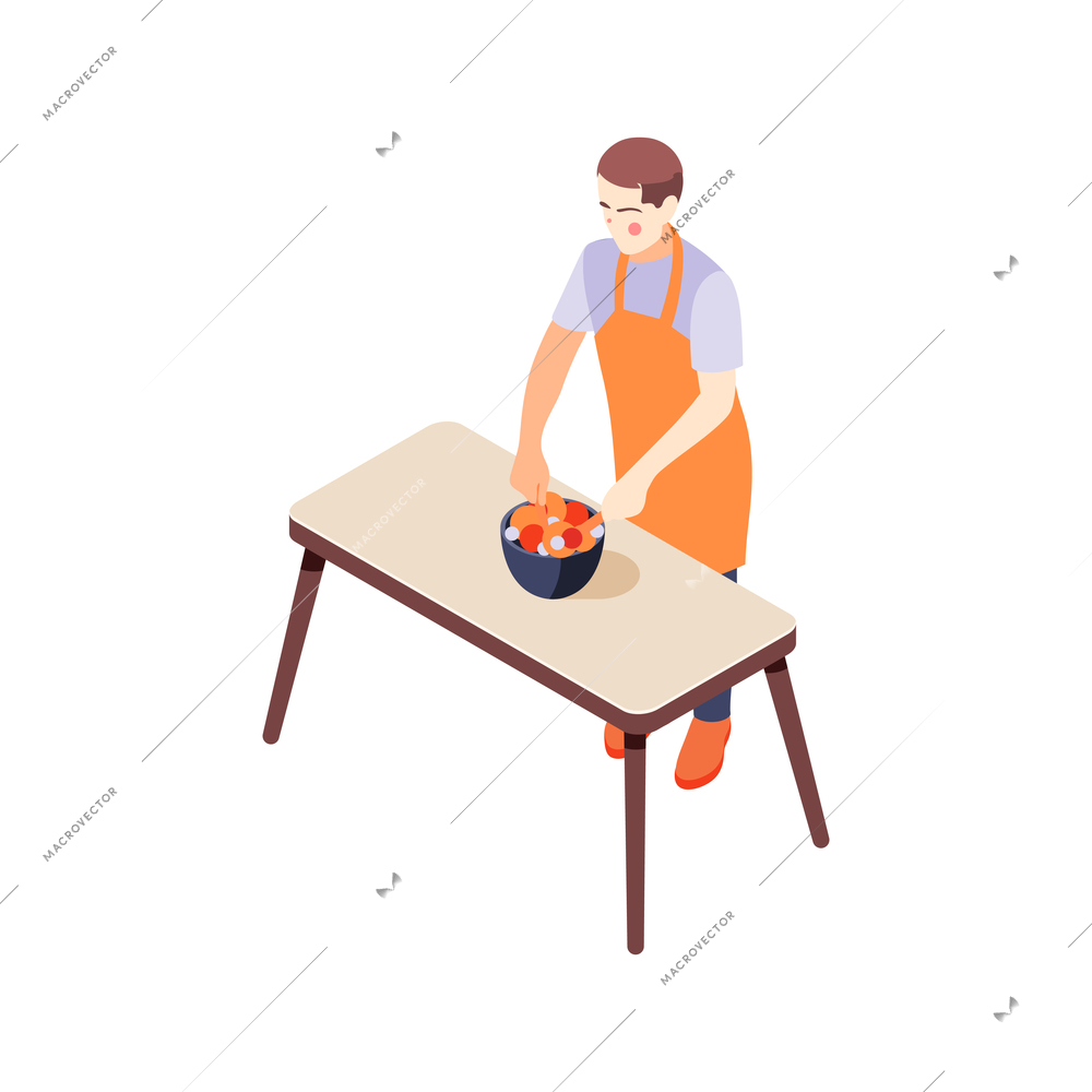 House husband in apron cooking salad 3d isometric icon vector illustration