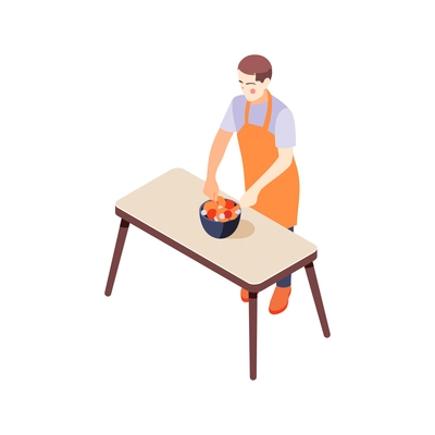 House husband in apron cooking salad 3d isometric icon vector illustration
