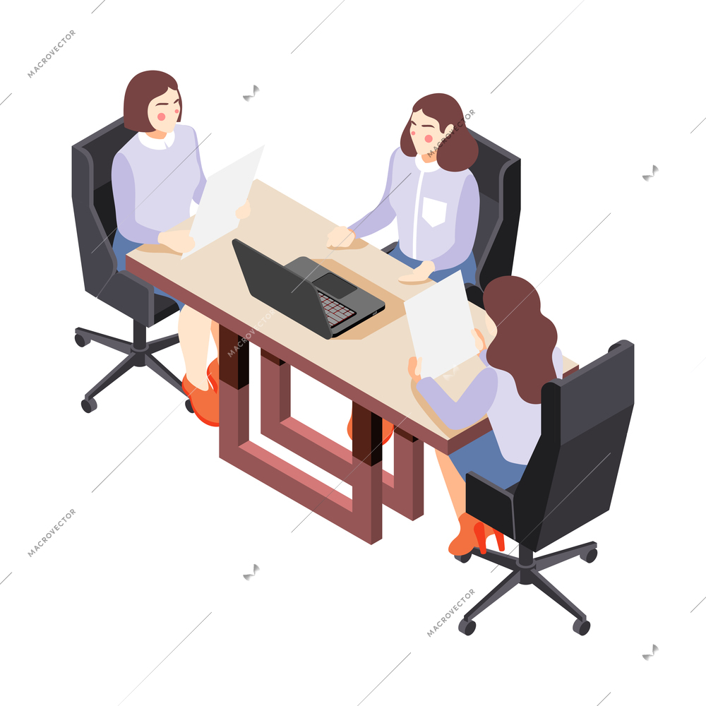 Isometric icon with three women on business meeting 3d vector illustration