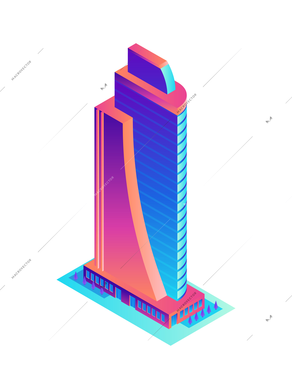 Multistorey contemporary skyscraper of neon color 3d isometric vector illustration