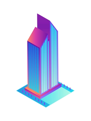 Futuristic neon color skyscraper on white background isometric vector illustration