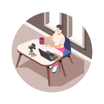 Vlogger with camera and laptop making video about electronic devices isometric icon vector illustration